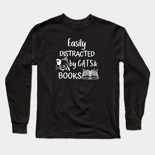 Cats And Books Easily Distracted By Kitten Lover Reading Long Sleeve T-Shirt by ZimBom Designer